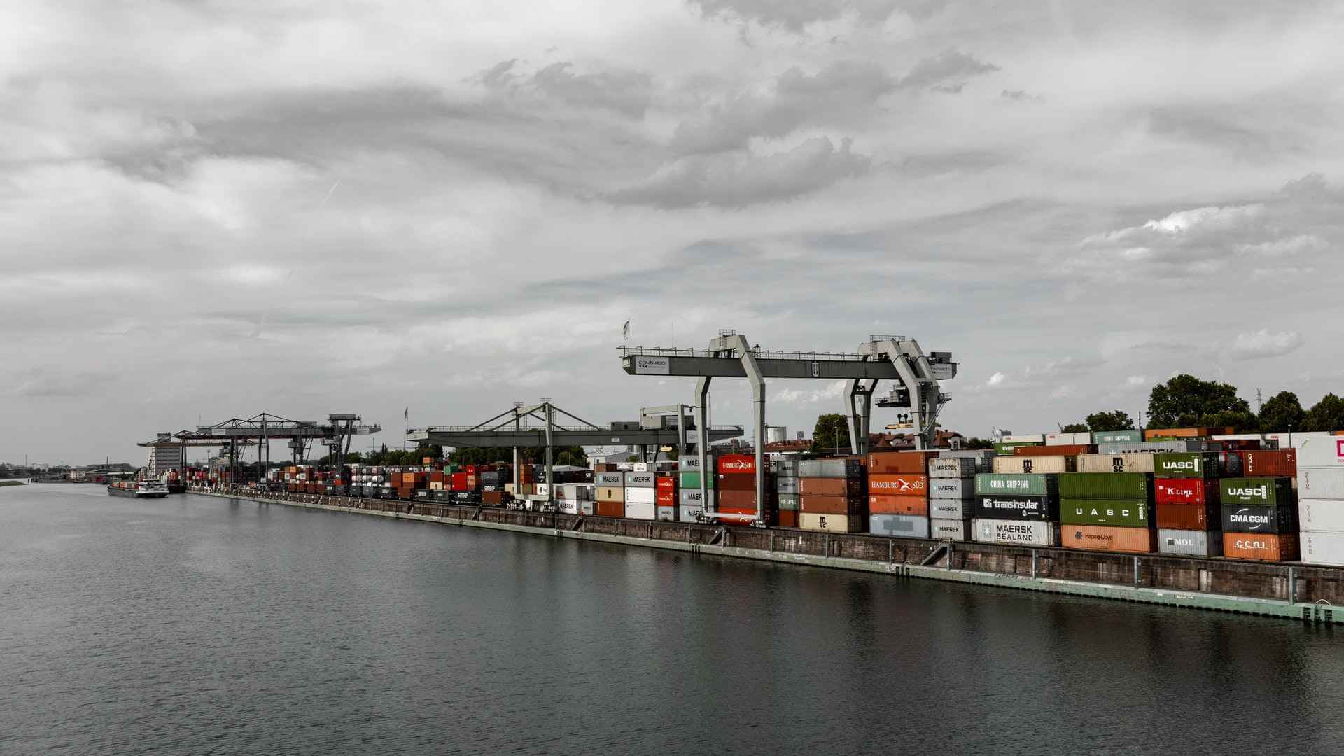 Container port with cranes loading cargo vessels
